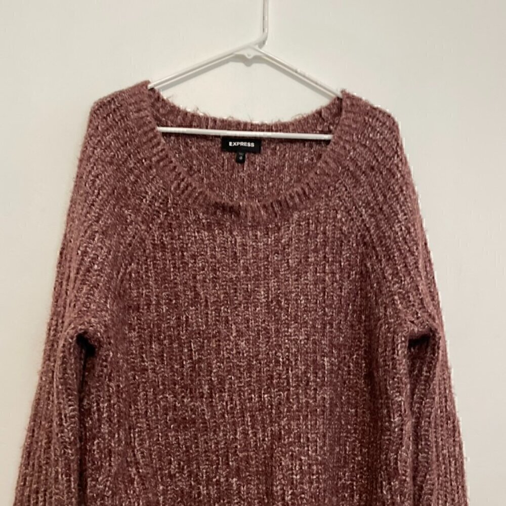 EXPRESS Purple White Marled Fuzzy Chunky Knit Thumbholes Round Neck Sweater XS - Picture 3 of 12
